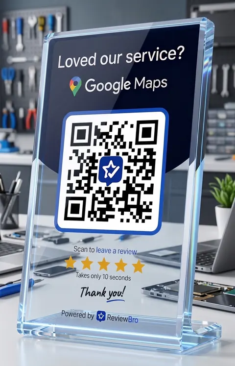 ReviewBro QR stand on counter